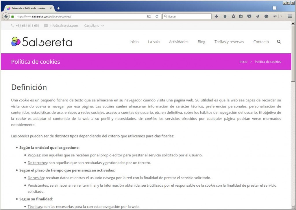 Página de política de cookies en castellano